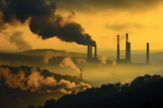 Industrial Pollution Casting Shadows on Natural Beauty: Silhouettes of industrial smokestacks against a backdrop of a once-pristine natural landscape, emphasizing pollution's shadow.