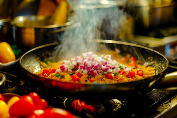 Chilaquiles being prepared on a stovetop, showcasing the sizzling ingredients in a traditional Mexican kitchen setting