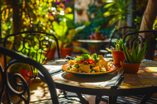 Chilaquiles served on a rustic plate, placed on a sunlit Mexican courtyard table, capturing the essence of outdoor dining.