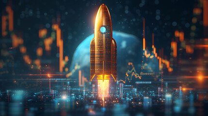 a gleaming golden rocket background technology, bitcoin, to the moon, golden generative ai