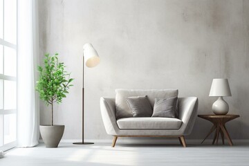 Inviting and comfortable contemporary living room with sofa, armchair, and lamp against white wall backdrop. Generative AI