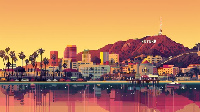 Famous landmarks like the Hollywood Sign, the Walk of Fame, and the Santa Monica Pier are depicted in simplified, recognizable forms, adding to the charm of the colourful pixelated cityscape