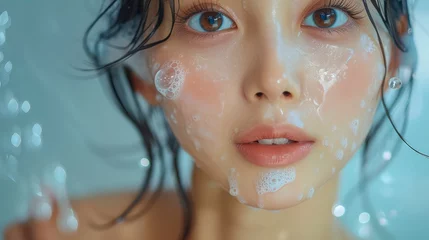 Fotobehang Fresh-Faced Beauty: Korean Teen Model Demonstrating Cleansing Routine with Gentle Face Wash © pengedarseni