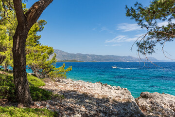 Fototapeta na wymiar Beautiful rocky coast with turquoise sea on a sunny summer day on Badija island, Korcula, Croatia