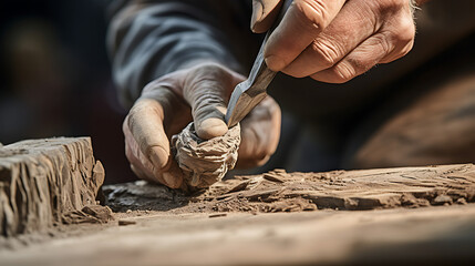 Close-up of a sculptor's chisel in action