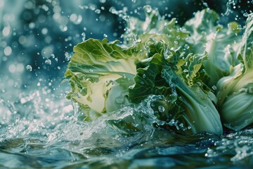 Bok choy  In Water Surreal And Forming A Splash Falling Into The Water Realistic Scene - obrazy, fototapety, plakaty
