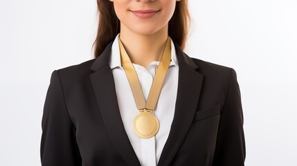 Businesswoman wearing gold medal