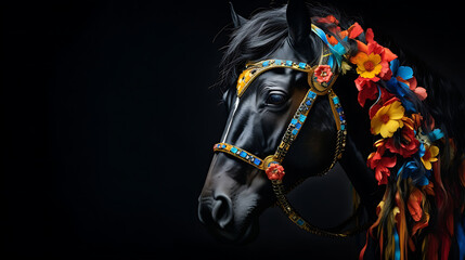 A portrait of a horse with a colorful bridle