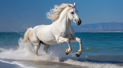 Obraz na płótnie Canvas A white horse galloping on the beach