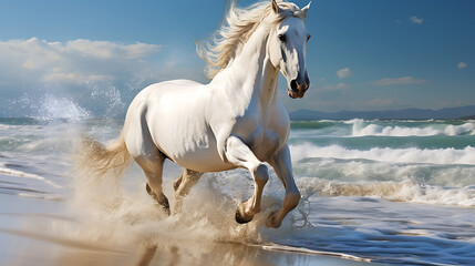 Obraz na płótnie Canvas A white horse galloping on the beach