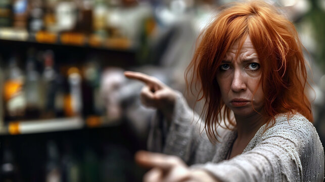 Red-haired woman appears intoxicated, pointing at a shelf in a liquor store