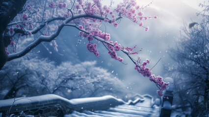 Misty Mountain Valley: A Snowy Plum Blossom Spectacle