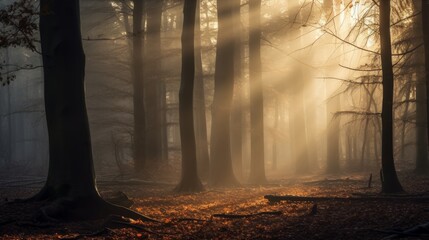 Moody forest with mystical fog at sunrise
