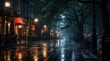Rain soaked city street with a moody ambiance