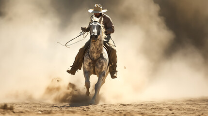 A cowboy leading a horse by the reins