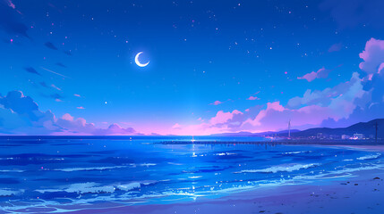 night landscape with moon, moon over the sea, ocean beach background in the night anime style generative ai - obrazy, fototapety, plakaty