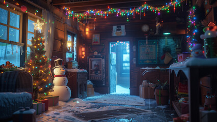 Snowman Sentinel: A Nighttime Glimpse of a Christmas Wonderland