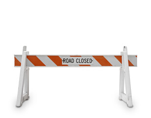 White and orange road closed barricade sign isolated on white background. Safety and restriction concept - obrazy, fototapety, plakaty