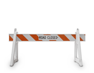 White and orange road closed barricade sign isolated on white background. Safety and restriction concept