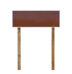 Blank brown signboard with a wooden post on an isolated white background. Direction concept