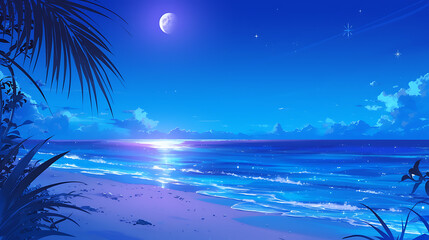 Fototapeta na wymiar tropical island with palm trees, moon over the sea, ocean beach background in the night anime style generative ai