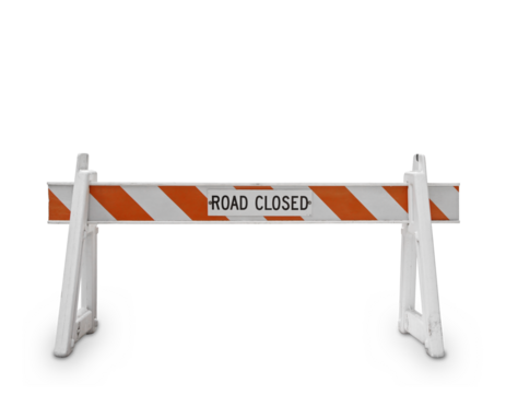 White and orange road closed barricade sign isolated on white background. Safety and restriction concept
