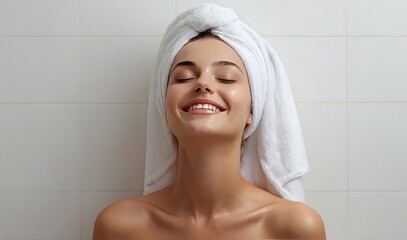 Beautiful woman in the bathroom with a white towel on her head smiling with her eyes closed. Relaxation after bath