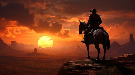 A cowboy riding a horse at sunset