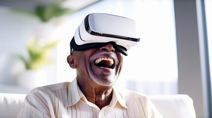 Happy smiling enthusiastic African American black elderly old, senior man wearing virtual reality headset in white room.