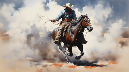 A cowboy roping a calf from horseback - obrazy, fototapety, plakaty
