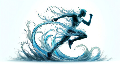 A humanoid figure crafted from splashing water is captured mid-stride, embodying both the runner's dynamic motion and the fluidity of the element.Digital art concept. AI generated.