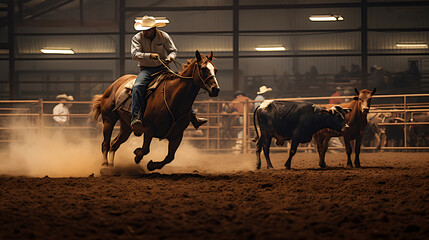 A cowboy roping a calf in a rodeo arena - obrazy, fototapety, plakaty