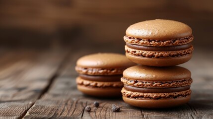 Handmade macaroons showcased on a wooden background. Macaroons in organic setting, copy space for text, mockup scene