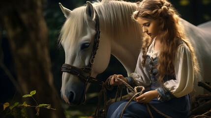 A girl braiding a horse's mane - obrazy, fototapety, plakaty