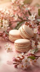 Handmade macaroons showcased on a pastel background. Macaroons in organic setting, copy space for text, mockup scene