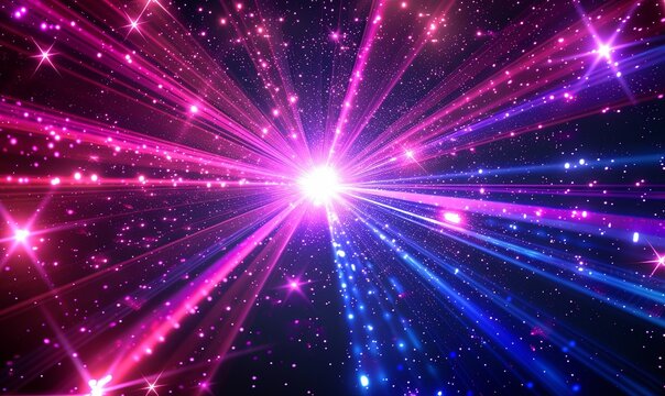 Bright sparks and light rays on a black background, in the style of digital neon, light indigo and crimson, colorful futurism, colorful eye-catching.