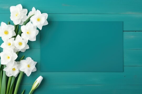 White narcissus on green painted wooden background. Postcard mock up template. Copy space. Valentine's day, Mother's day, Women's Day , Wedding and love concept