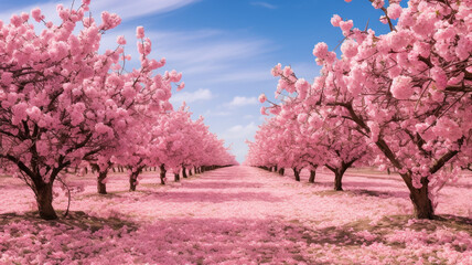 Panorama of pink blossom at spring