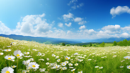 panorama view of meadow with lots of spring daisy flower