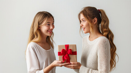 A woman gives a gift to another on a white background