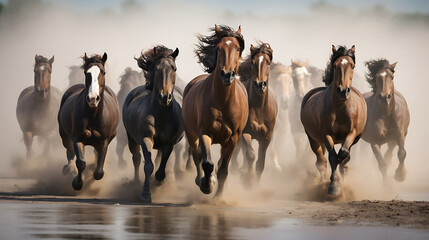 A group of horses running in a synchronized manner - obrazy, fototapety, plakaty