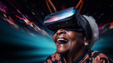 Happy smiling passionate African American dark-skinned elderly old, senior woman in virtual reality headset in futuristic style.