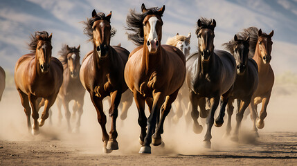 A group of horses running in a synchronized manner