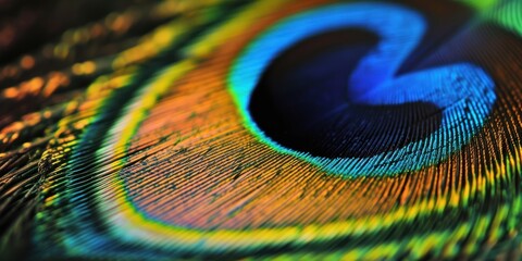 A close-up of a peacock feather showcasing its vivid colors and intricate patterns with water droplets enhancing its detail, perfect for artistic inspiration, textile design, or avian studies.