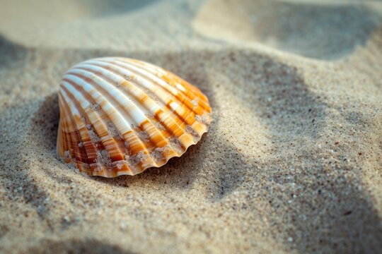 A detailed image of a seashell on the sand showing intricate patterns, ideal for use in educational materials, artistic reference, or coastal-themed design.