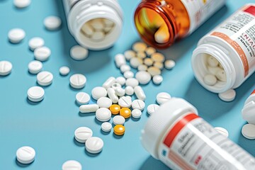 Assorted pharmaceutical medicine pills, tablets, capsules, bottles