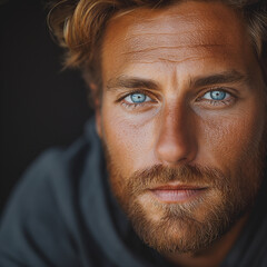 An intimate close-up portrait of a man with deep blue eyes and a thoughtful expression, set against a dark background that enhances the intensity of his gaze