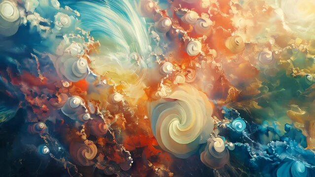 Artwork characterized by the fusion of fluid shapes and vivid colors, conveying visual depth and movement.
