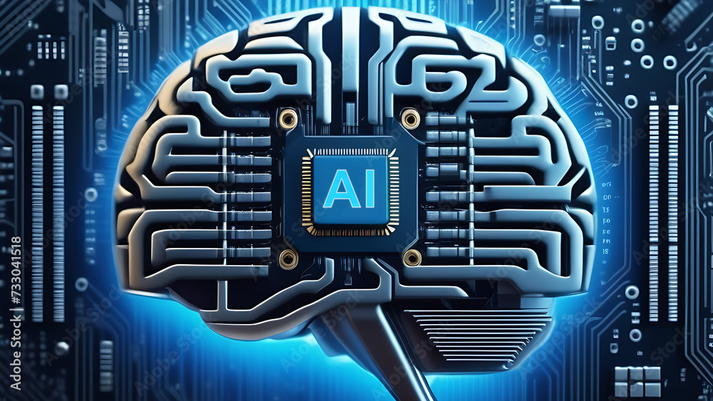 Poster chip, ai microchip implanted into human brain. cyborg mind, artificial intelligence concept