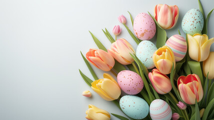 Fototapeta na wymiar Colorful Easter eggs and tulips in a bouquet on a white background, ai generative